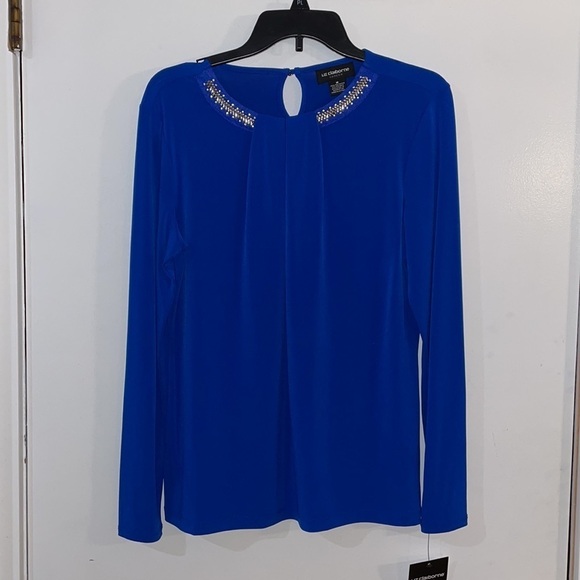 LIZ CLAIBORNE NEW M  bold blue long sleeve blouse,rhinestones round neck - Picture 2 of 6